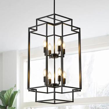 Imagem de Juhoural Lustre preto de 8 luzes para casa de fazenda, lustres de lanterna em camadas de 80 cm para teto alto, grande luminária pendente suspensa para entradas, hall de entrada, escada, corredor, sala