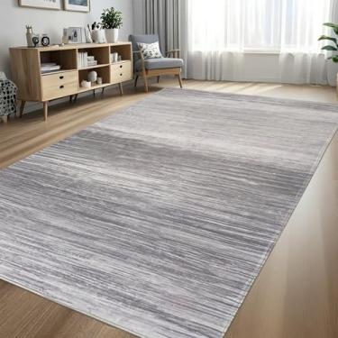 Imagem de USTIDE Tapete moderno lavável 12 x 18 cm, cinza para sala de estar, grande, ombré, quarto, antiderrapante, tapete infantil com pelo baixo, abstrato listrado para quarto de crianças, berçário