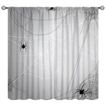 Imagem de Cortinas de Halloween, teia de aranha, padrão de fundo cinza, tratamentos de janela, cortinas com isolamento térmico para varão, 2 conjuntos de painéis para quarto, sala de estar, férias, 106,7 cm L x