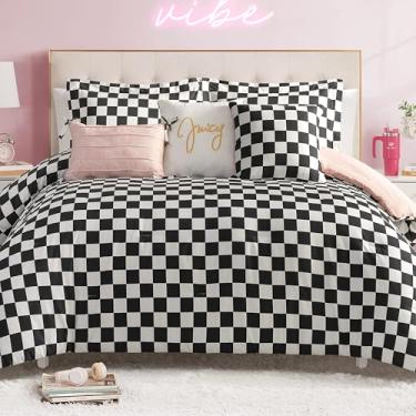 Imagem de Juicy Couture Conjunto de edredom quadriculado reversível, 6 peças, casal/queen, preto/branco