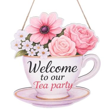Imagem de Placa Porta para Decoração Chá, Placa Boas-Vindas Floral Colorida em Formato Xícara Madeira Pendurar para Mulheres Chá Tarde Porta Frente e Decoração Parede