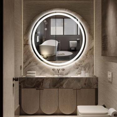 Imagem de Espelho Redondo Grande Jateado 90x90 Led Frio Quente Neutro - Espelho 