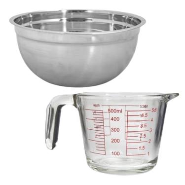 Imagem de Bowl Grande Inox Tigela para Misturar e Servir + Jarra Medidora Vidro – Kit Completo para Receitas
