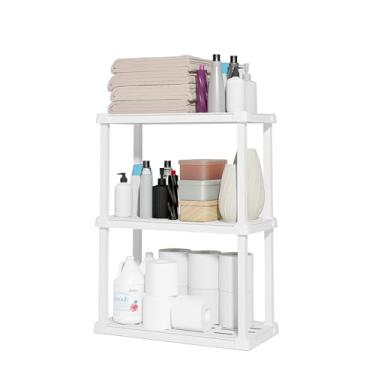 Imagem de IRIS Prateleira de plástico leve de 3 camadas dos EUA, capacidade de 68 kg, branca - 22,7 kg por prateleira, organizador de parede de banheiro, armazenamento interno e organização em casa, garagem