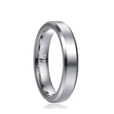 Imagem de Vakki Anel de tungstênio masculino de 4 mm, 6 mm, 8 mm, prata, simples, noivado, acabamento polido e bordas chanfradas, ajuste confortável, tamanho 5-12, 10, Carboneto de tungstênio, Sem pedra