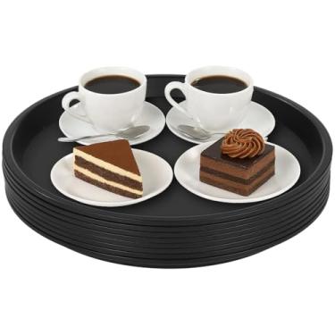 Imagem de 8 bandejas redondas pretas para servir – Bandeja grande de plástico antiderrapante de 30 cm com borda elevada, pratos comerciais de servir comida para cozinha, bar, cafeteria