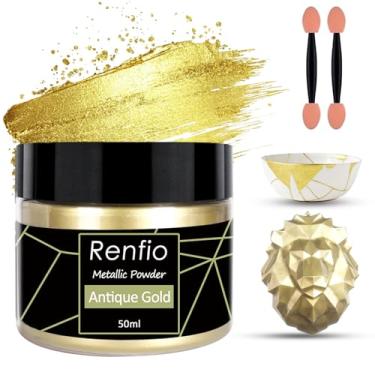 Imagem de Renfio Pigmento metálico em pó, pó de mica dourada para resina, pigmento de cor de resina dourada antiga de 50 ml para Kintsugi, argila de polímero, artesanato, geleca, vela, unha, tinta, tecido