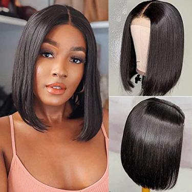 Imagem de Peruca de cabelo humano liso 33 x 15 cm, sem cola, cabelo humano pré-arrancado, densidade de 180%, cabelo humano curto Bob para mulheres negras, cor preta natural (35,5 cm)
