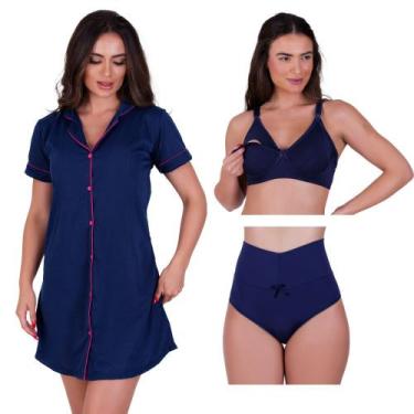 Imagem de Combo Camisola Blogueira com Botões + Sutiã Amamentação + Calcinha Pós