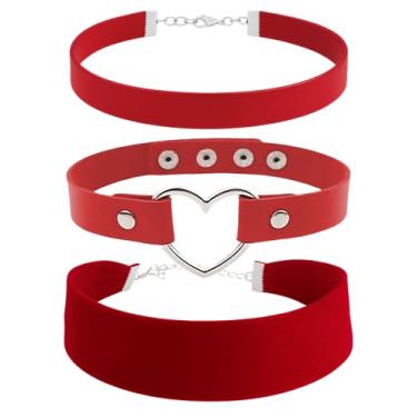 Imagem de STACKABLE CREATIONS Gargantilha de couro preto, veludo, pingente de coração, acessórios góticos estilo gótico clássico punk gótico colar gargantilha para mulheres e homens, pacote com 3, Couro, Sem