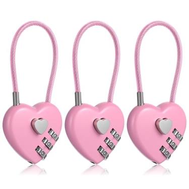 Imagem de Mabor 3 peças de cadeado de combinação rosa, cadeado em forma de coração de 3 dígitos para armário de academia escolar, fechaduras de armário para cerca de bagagem, mochila, presente de dia dos