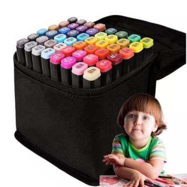 Imagem de Canetinha Ponta Dupla para Colorir Kit Estojo de Canetas Escolar Marcador Coloridas Permanente Duas Pontas (48 Cores)