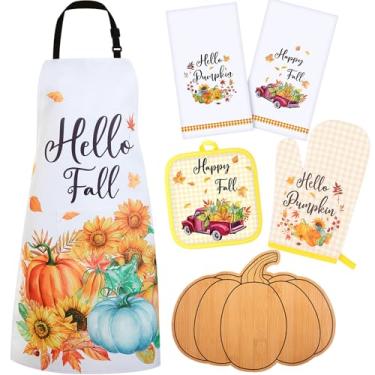 Imagem de Suhine 7 peças de presentes de outono com 2 toalhas de cozinha, tábua de corte de bambu, avental de cozinha, luva de forno, 2 suportes de panela, acessórios de cozinha de outono para decorações de