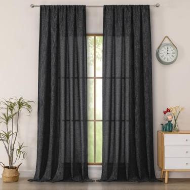 Imagem de Simplebrand Cortinas semitransparentes texturizadas de linho sintético preto 2 painéis de 2 painéis para sala de estar, privacidade extra longa filtragem de luz cortinas grossas para janela grande