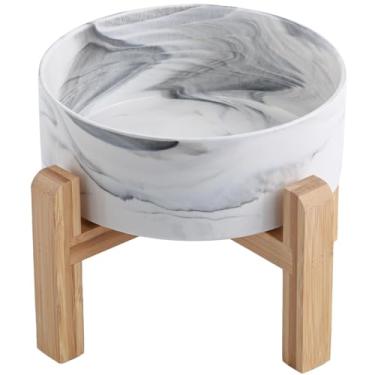 Imagem de DJJJOOYS Tigela de cerâmica levantada/elevada cinza mármore para raças de tamanho médio e grande, tigela de água com suporte, 20 em 7,6 xícaras, antiderrapante, pesada