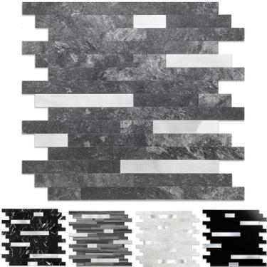 Imagem de Yipscazo 5 folhas de revestimento de azulejo de metal de pedra, cole em azulejos para cozinha, banheiro, lavanderia, acampamento, lareira (30,5 x 30,5 cm, preto escuro)