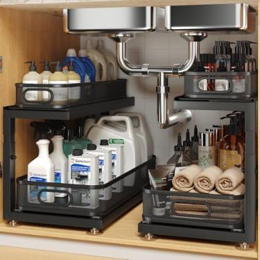 Imagem de Biboraya Pacote com 2 organizadores sob a pia de 45 cm de profundidade com corrediças de rolamento de esferas de última geração, prateleira de puxar de malha sofisticada de 2 camadas para cozinha e