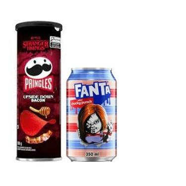 Imagem de Kit Pringles Strange Thing - Batata Upside Down Bacon + Fanta Mistério Chucky-Punch, 350ml, Halloween