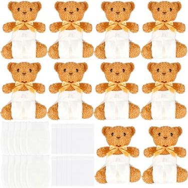 Imagem de 10 conjuntos de jogos de chá de bebê de urso, vendados, incluindo 10 ursos de pelúcia, 10 fraldas, 10 sacos de presente para chá de bebê, revelação de gênero, festa, prêmios, presentes para adultos