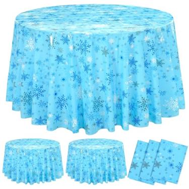 Imagem de Sliner Toalha de mesa de plástico redonda de Natal com flocos de neve de 213 cm, toalha de mesa descartável para decoração de festa de aniversário de inverno (azul escuro, azul claro, 3 peças)