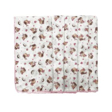 Imagem de Kit 5 Fralda Da Turma Da Monica 70X70Cm Com Crochê Rosa