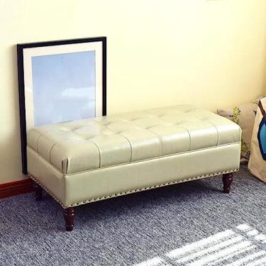 Imagem de Banqueta retangular otomana de armazenamento com tampa articulada, banco de sofá de couro sintético para sala de estar, quarto, banco de cama (cor: bege, tamanho: 80 cm)