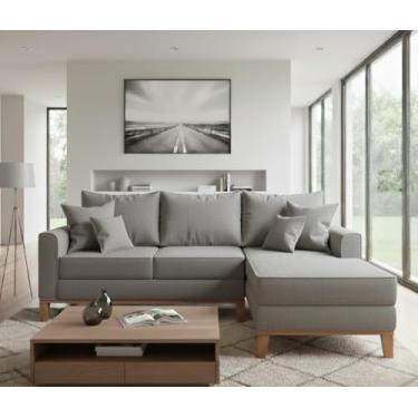 Imagem de Sofá Beny com Chaise Direita, 2,20x1,40m, 3 Lugares, Linho, Base em Madeira. (Cinza)