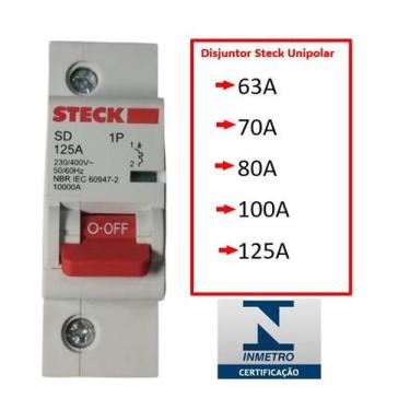 Imagem de Disjuntor Steck Monopolar 63, 70, 80, 100, 125 Curva C