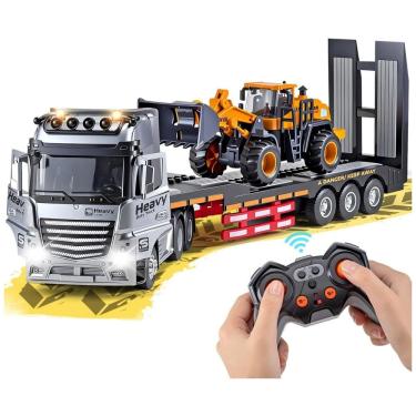 Imagem de Caminhão Semi Truck de Metal com Cabine, Controle Remoto 2.4Ghz e Reboque com Luzes e Sons, Presente de Aniversário para Meninos,WEMOKA