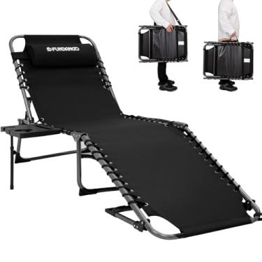 Imagem de FUNDANGO Espreguiçadeira dobrável ao ar livre com mesa lateral para pátio, piscina, gramado, praia, banho de sol, cadeira reclinável de acampamento ajustável de 5 posições para adultos com