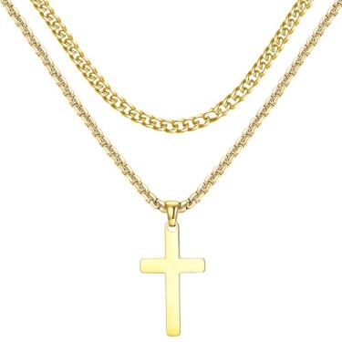 Imagem de Colar de cruz para homens e meninos – Corrente de crucifixo em camadas de aço inoxidável banhado a ouro 14K, prata e preto, corrente cubana, corrente de espinha de peixe, pingente de cruz, joias