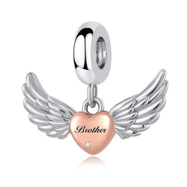 Imagem de LuxglitterLin Pingente de coração com asas de anjo com pingente de coração gravado compatível com pulseira Pandora feminina