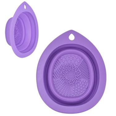 Imagem de Tigela de limpeza de pincéis de maquiagem de silicone dobrável roxa - Ferramenta de limpeza portátil para pincéis, pó e esponjas