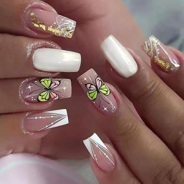 Imagem de Kit de unhas postiças quadradas médias francesas brancas com design requintado de borboleta, capa completa, prensa de acrílico artificial, bastão falso na unha para mulheres, uso diário, casamento, 24