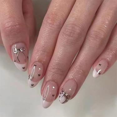 Imagem de Kit de unhas de pressão em forma de amêndoa unhas falsas francesas médias com design de coração de laço capa completa prensa acrílica artificial bastão falso em unha para mulheres manicure 24 peças