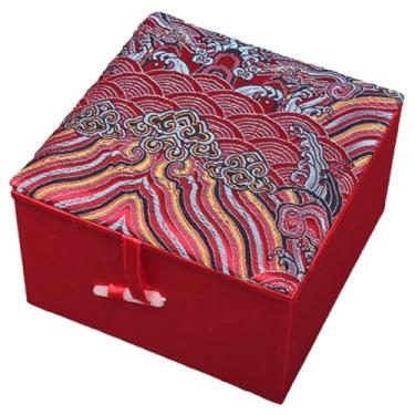 Imagem de Caixas de armazenamento de joias vintage de brocado de seda de madeira com enchimento de algodão, caixas de embalagem de artesanato de cerâmica decorativa estilo chinês quadrado (vermelho (água do mar