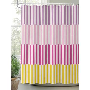 Imagem de Conjunto de cortinas de chuveiro listradas rosa roxo amarelo listrado com ganchos cortina de banho de tecido impermeável para banheiro decoração de banheira acessórios de casa 182 x 182 cm