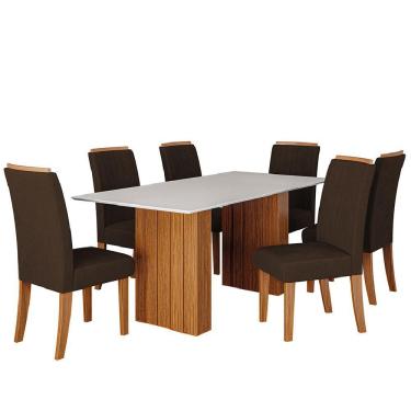Imagem de Conjunto de Mesa Sala de Jantar Ripada com Tampo de Vidro Santiago 1,80m 6 Cadeiras Grécia – Dobuê – Madeirado/Chocolate