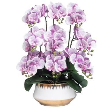 Imagem de CXGS Orquídeas Flor artificial de toque real orquídea falsa em vaso grande de cerâmica realista Phalaenopsis arranjos florais falsos mesa de centro de mesa para decoração interna