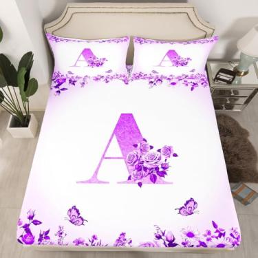 Imagem de jejeloiu Jogo de lençol Queen com letras roxas e flores, para crianças, adolescentes, mulheres, com monograma, floral, rosa, borboleta, decoração de quarto moderno