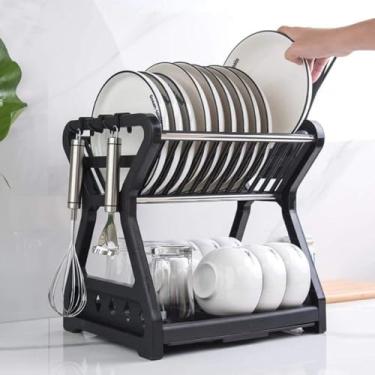 Imagem de Escorredor de Louças Premium, Preto e Inox, 2 Níveis com Suporte para Talheres e Copos, Design Moderno para Cozinha