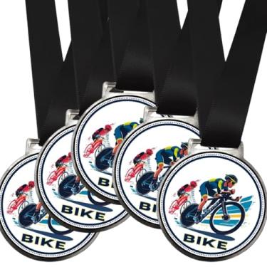 Imagem de Kit 5 Medalhas Para CiclismoTorneio de Bike De Campeão Corrida 50mm Com Fita Preta