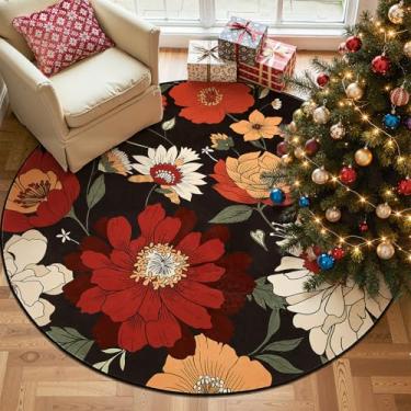 Imagem de jinchan Tapete redondo floral vintage preto de 2,1 m para sala de estar - tapete lavável, macio, antiderrapante, interior, boêmio, estampa de flores, círculo, 18 m, tapete redondo para sala de jantar
