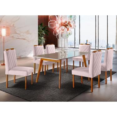 Imagem de Conjunto Sala De Jantar 6 Lugares Mesa Slim E Cadeiras Móveis Mix Mel/ Off White/ Branco Gelo