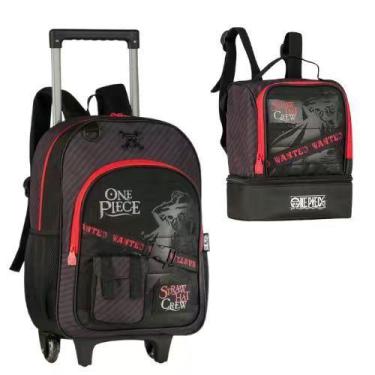 Imagem de Kit One Piece Mochila Rodinha Com Lancheira Térmica Preta e Vermelha E
