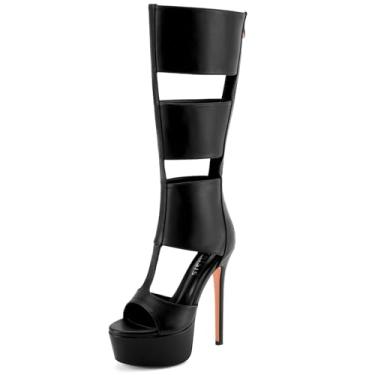 Imagem de Perisis Sandálias gladiadoras plataforma até o joelho para mulheres sexy aberto peep toe salto alto stiletto moda verão vestido festa dança botas com zíper, Poliuretano preto, 36