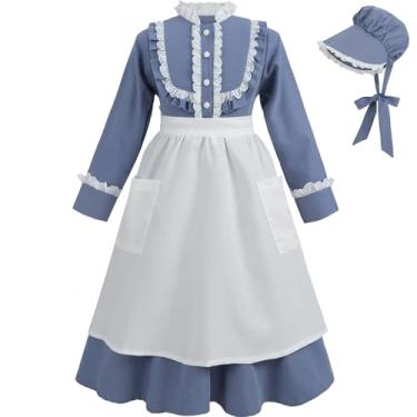 Imagem de CR ROLECOS Fantasia colonial para meninas vestido pioneiro pradaria de manga comprida vestido vitoriano infantil com avental azul 2GG para maiores de 4 anos