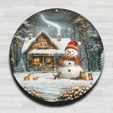 Imagem de Boneco de neve com pássaros Guirlanda de azevinho vintage rústico alumínio metal placa de parede redonda, sem relógio real, presentes internos e externos de 20 cm e decoração para casa, escritório