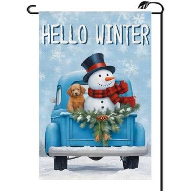 Imagem de Hello Winter boneco de neve cachorro caminhão bandeira jardim 30,5 x 45,7 cm vertical dupla face xadrez xadrez pequenas bandeiras fazenda decoração externa para quintal DJ23