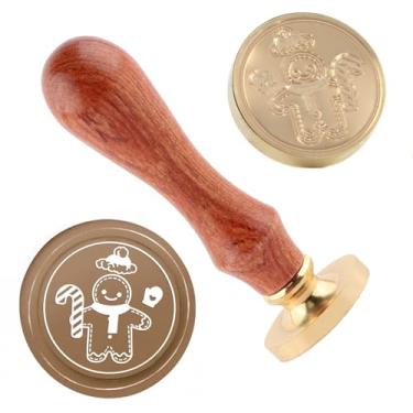 Imagem de Carimbo de lacre de cera de Natal em latão e cabo de madeira, cabeça para cartões de Natal, convites, cartas, envelopes, cartões de felicitações, presentes